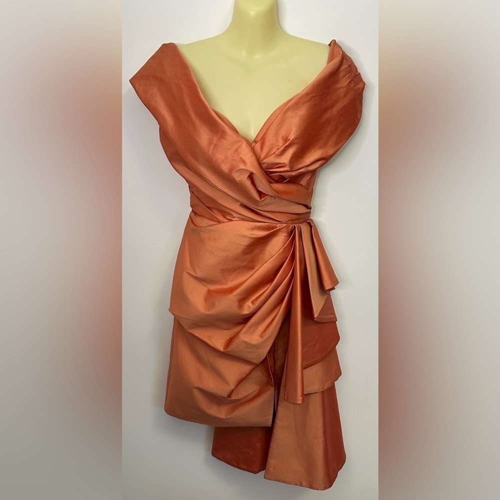 Tarik Ediz Tilda Sunset Orange Asymmetrical Wrap Cocktail Dress - Picture 2 of 10